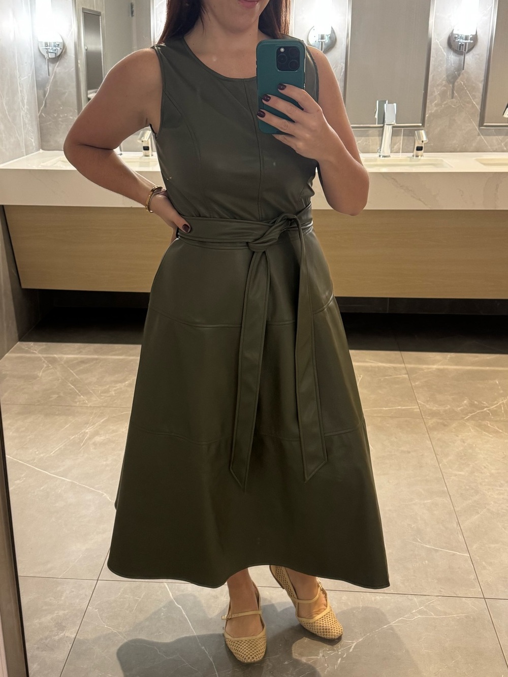 Tie-Waist Faux Leather Sleeveless Midi Dress in Olive Green